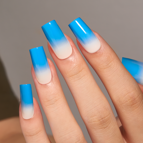 Arctic Fade Press-On Nails – Long Square Sky Blue to White Ombre Gradient Glossy Finish