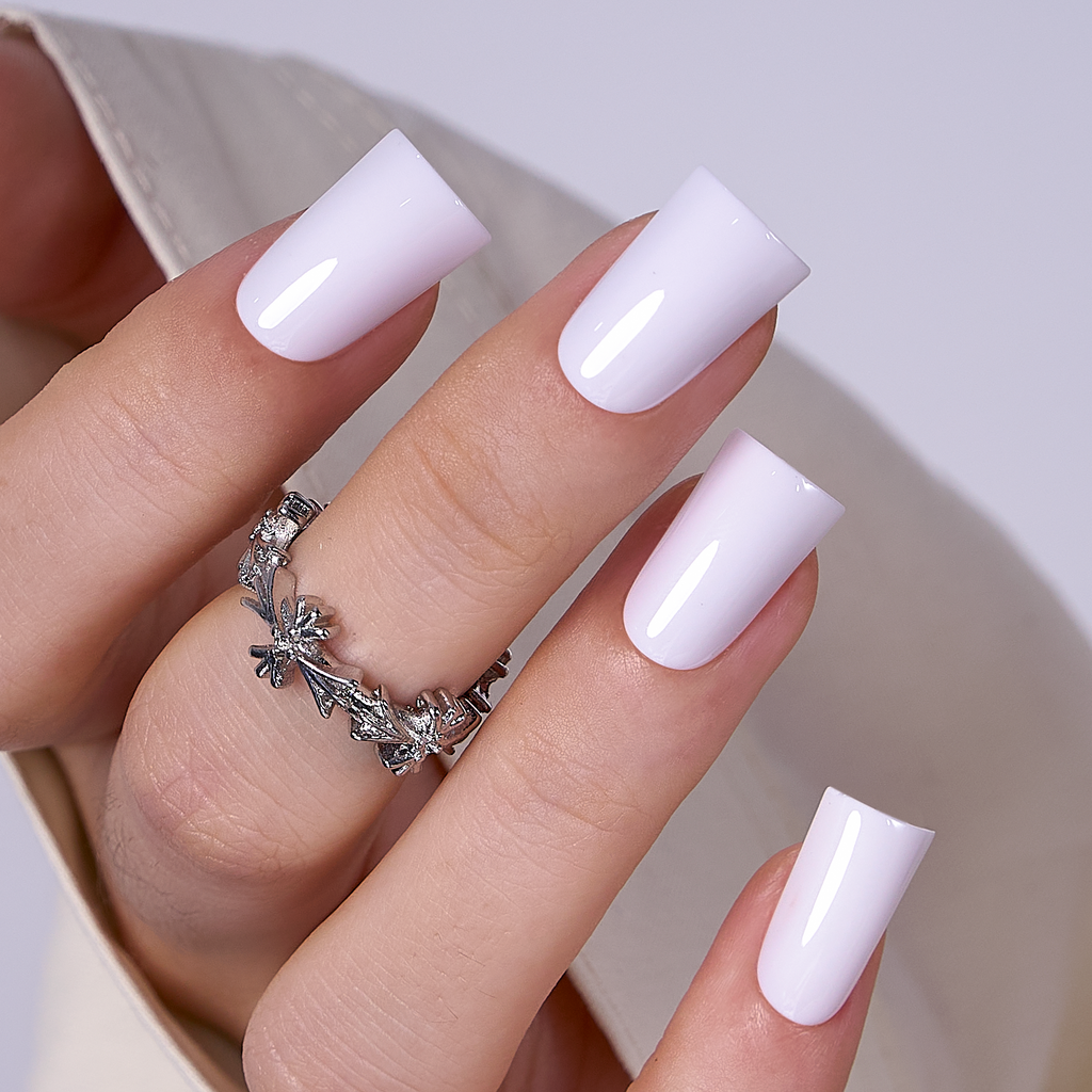 Arctic White Press-On Nails – Medium Duckbill Pure Glossy White Solid Color Clean Versatile Salon Look