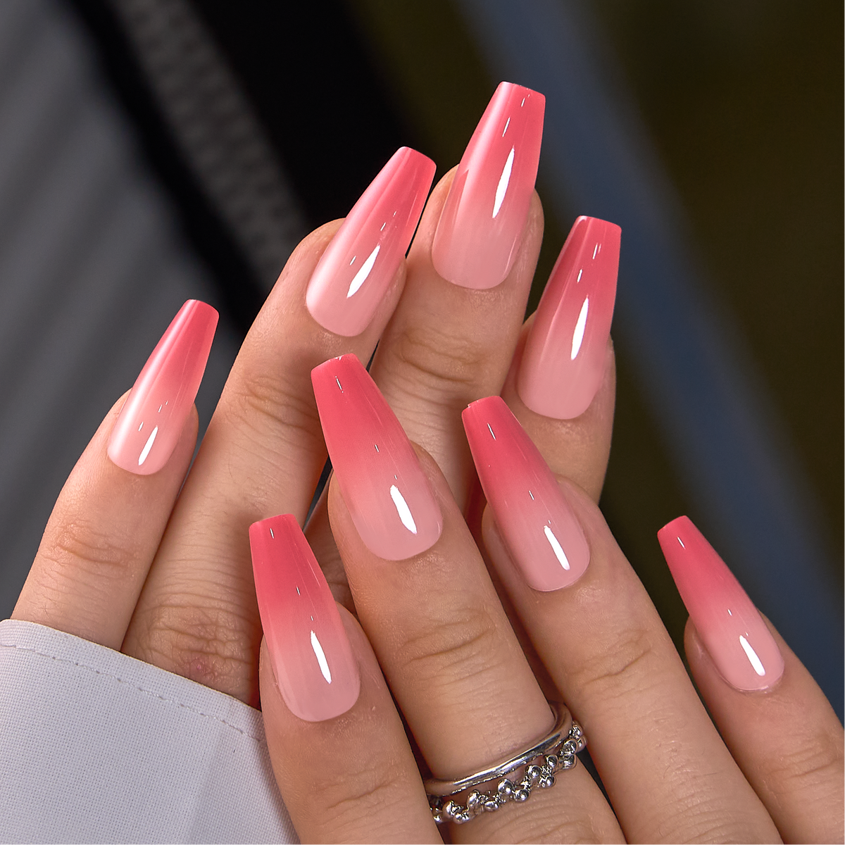 Blush Flow Press-On Nails – Long Coffin Nude Pink to Coral Ombre Gradient Glossy Finish