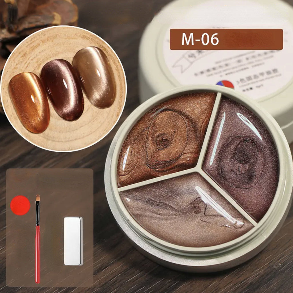 M-06 3-Color Cat Eye Gel Nail Polish Set – copper bronze, dark chocolate and nude mocha shades in round palette with magnet and brush