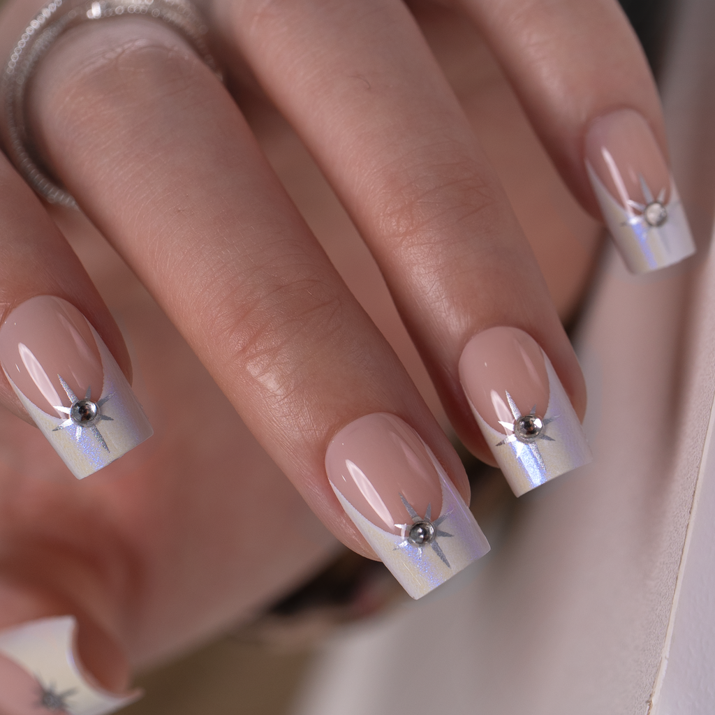 Crystal Halo Press-On Nails – Medium Square Nude Base White French Tips Starburst Rhinestone Accents Elegant Bridal