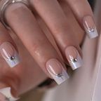 Crystal Halo Press-On Nails – Medium Square Nude Base White French Tips Starburst Rhinestone Accents Elegant Bridal