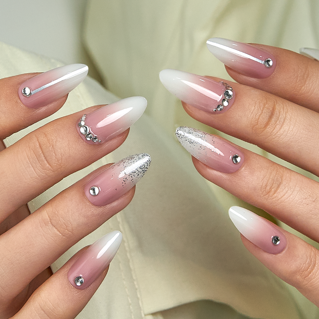 Crystal Veil Press-On Nails – Long Stiletto Nude Pink to White Ombre Silver Rhinestones Glitter Accent Bridal