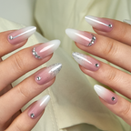 Crystal Veil Press-On Nails – Long Stiletto Nude Pink to White Ombre Silver Rhinestones Glitter Accent Bridal