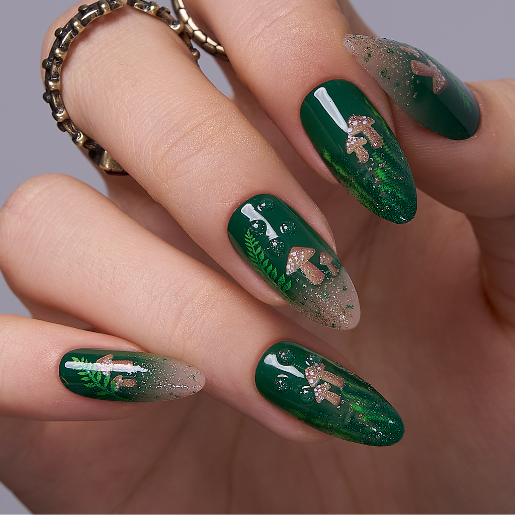 Green Forest Press-On Nails – Long Almond Dark Green Mushroom Art Leaf Details Gold Glitter Cottagecore