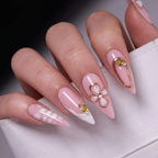 Ivory Bloom Press On Nails – Long Stiletto Nude Pink 3D Flower Gold Pearl Bridal Nail Art