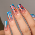 Laser Leopard Press-On Nails – Long Square Holographic Rainbow Base Colorful Leopard Print Blue French Tips
