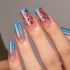 Laser Leopard Press-On Nails – Long Square Holographic Rainbow Base Colorful Leopard Print Blue French Tips