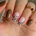 Leopard Temptation Press-On Nails – Medium Squoval Mocha Brown Solid Nude Pink Leopard Spots Gold Glitter Tips