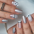 Nude Spark Line Press-On Nails – Medium Squoval Nude Pink Black Heart Silver Glitter Stripe Line Art Mixed Design