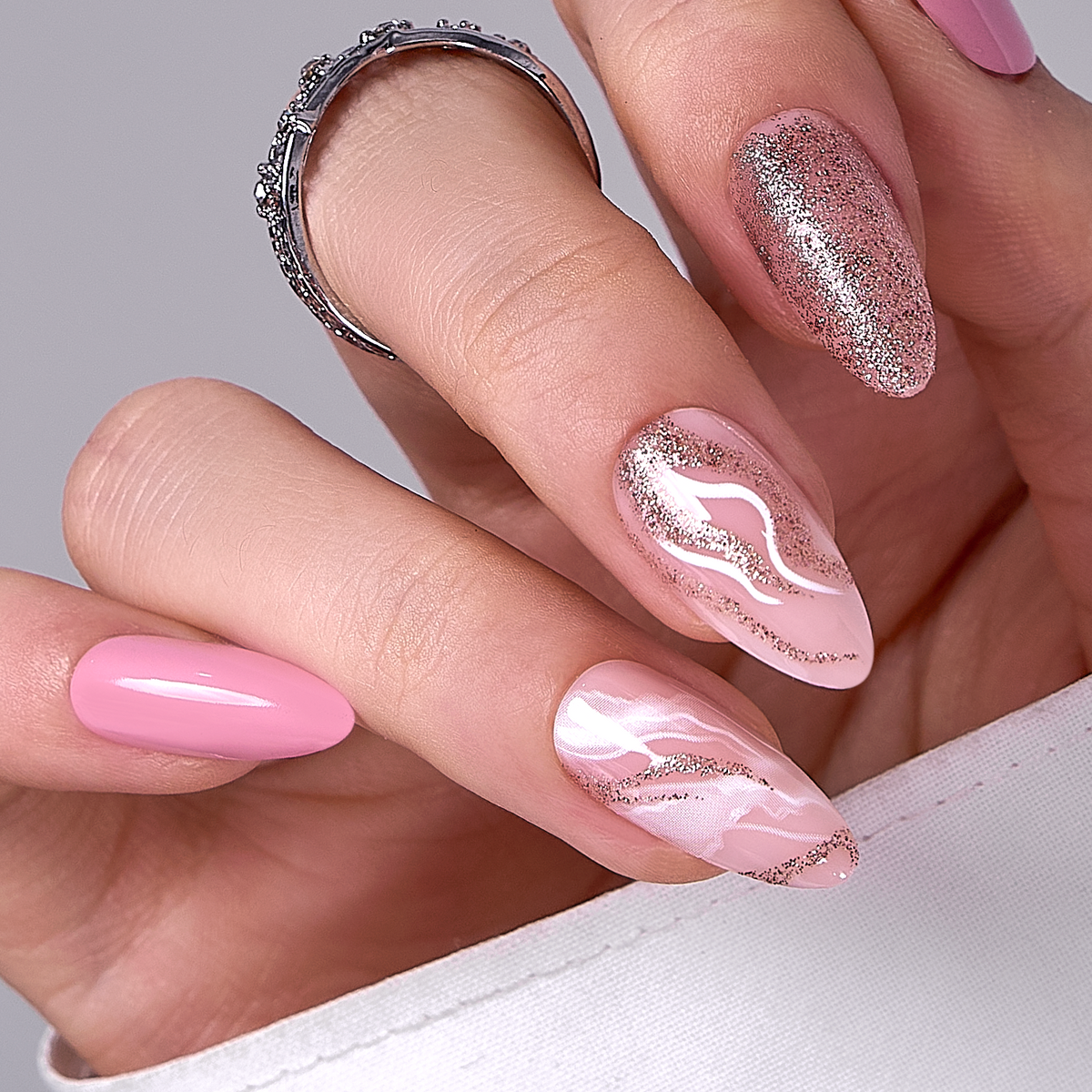 Pastel Shine Press-On Nails – Long Almond Baby Pink Solid White Marble Rose Gold Glitter Mixed Design