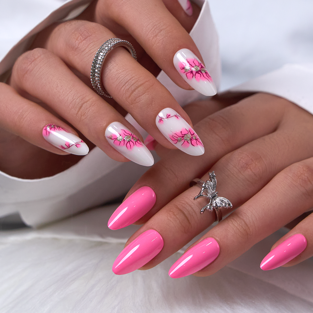 Petal Muse Press-On Nails – Long Stiletto Hot Pink Solid & White Floral Art Gold Glitter Centers Mixed Design