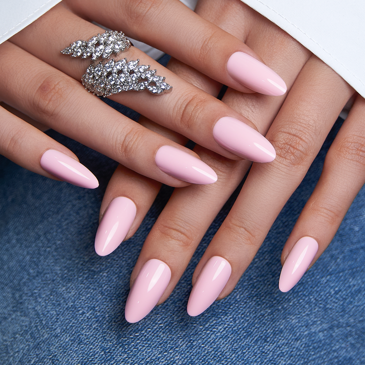 Pink Aura Press-On Nails – Long Stiletto Glossy Baby Pink Solid Color Clean Feminine Salon Look