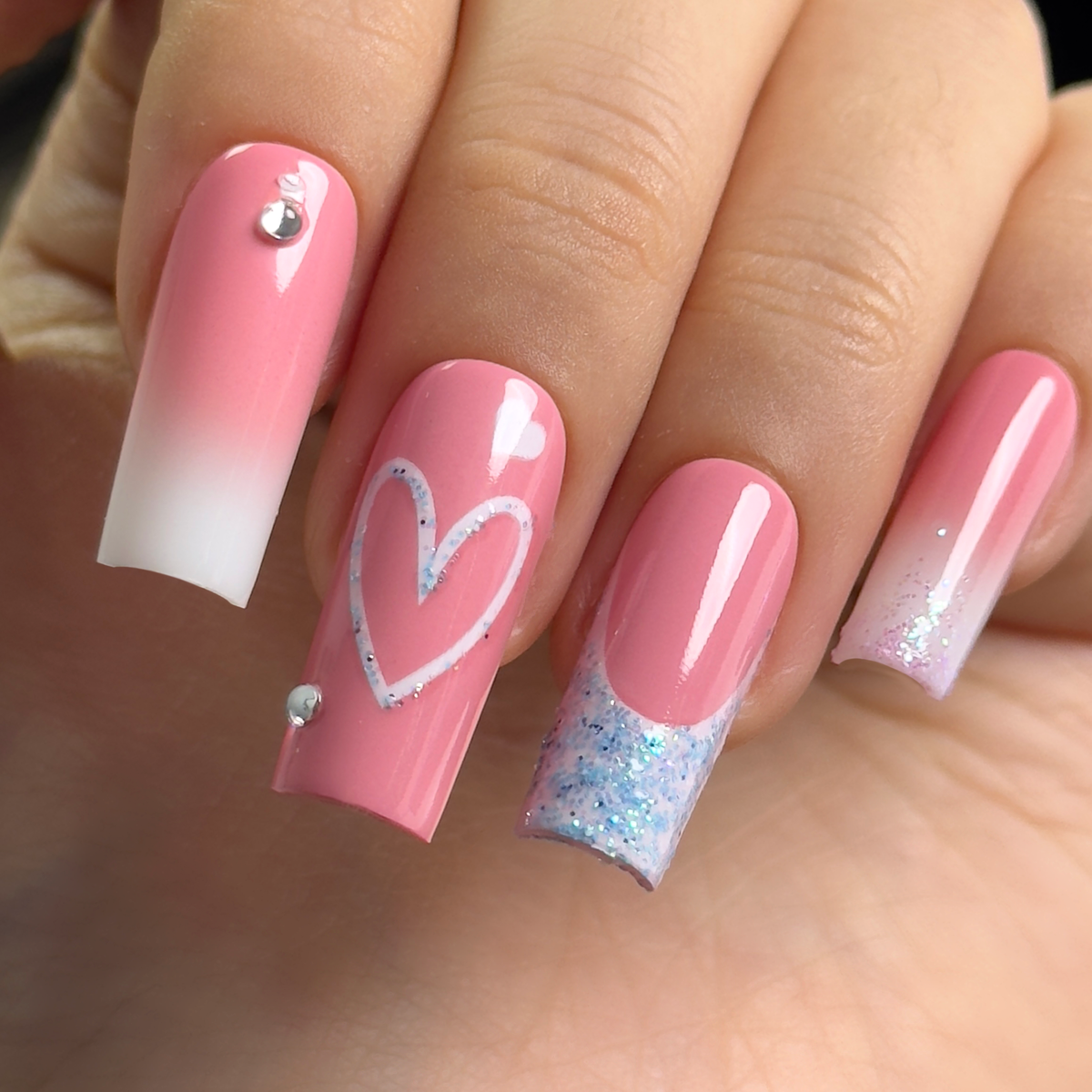 Pink Valentine Press-On Nails – Long Square Pink White Ombre Silver Heart Art Blue Glitter French Tips Rhinestone