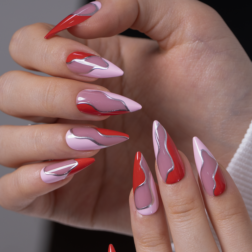 Flame Curve Press-On Nails – long stiletto shape with pink base, red flame curves and silver metallic lines