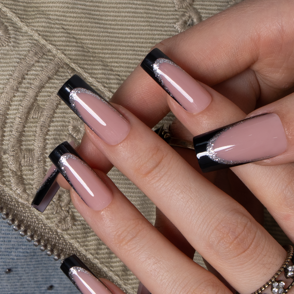 Noir Shine Press-On Nails – long square shape with nude base, black French tips and silver glitter inner line