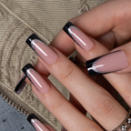 Noir Shine Press-On Nails – long square shape with nude base, black French tips and silver glitter inner line