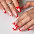 Ruby Gift Press-On Nails – Long Square Nude Base Red French Tips 3D Bow Heart Art Rhinestone Valentine
