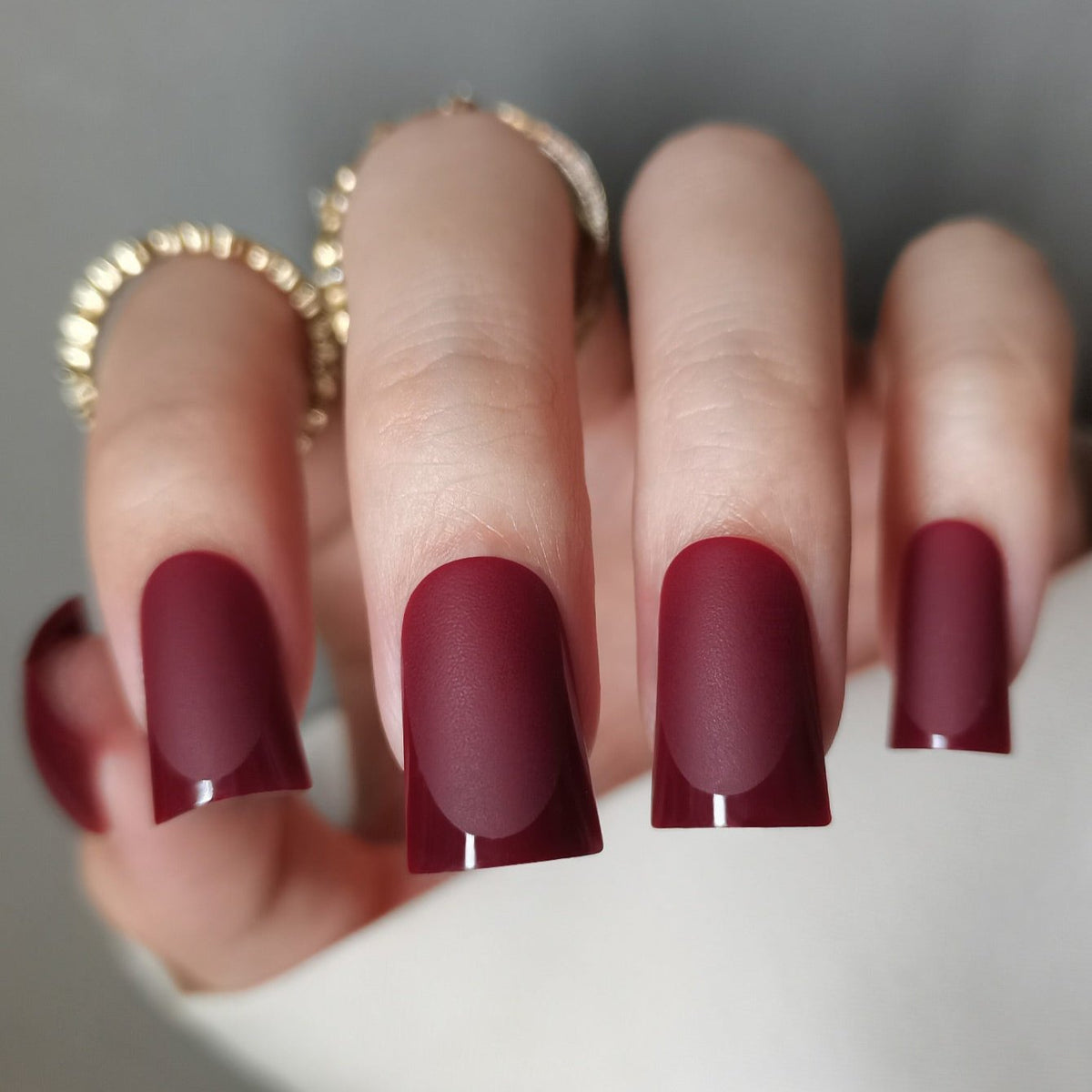 Ruby Tip Charm Press-On Nails – Medium Duckbill Matte Burgundy Base Glossy Ruby Red French Tips Dual Finish