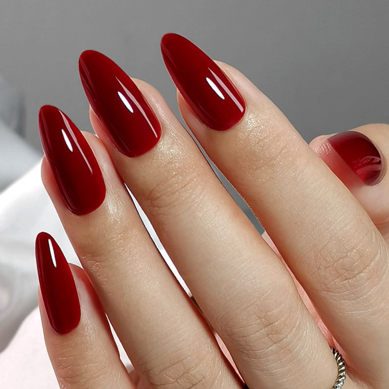 Scarlet Dream Press-On Nails – Long Almond Deep Burgundy Red Glossy Finish Timeless Elegant Salon Look