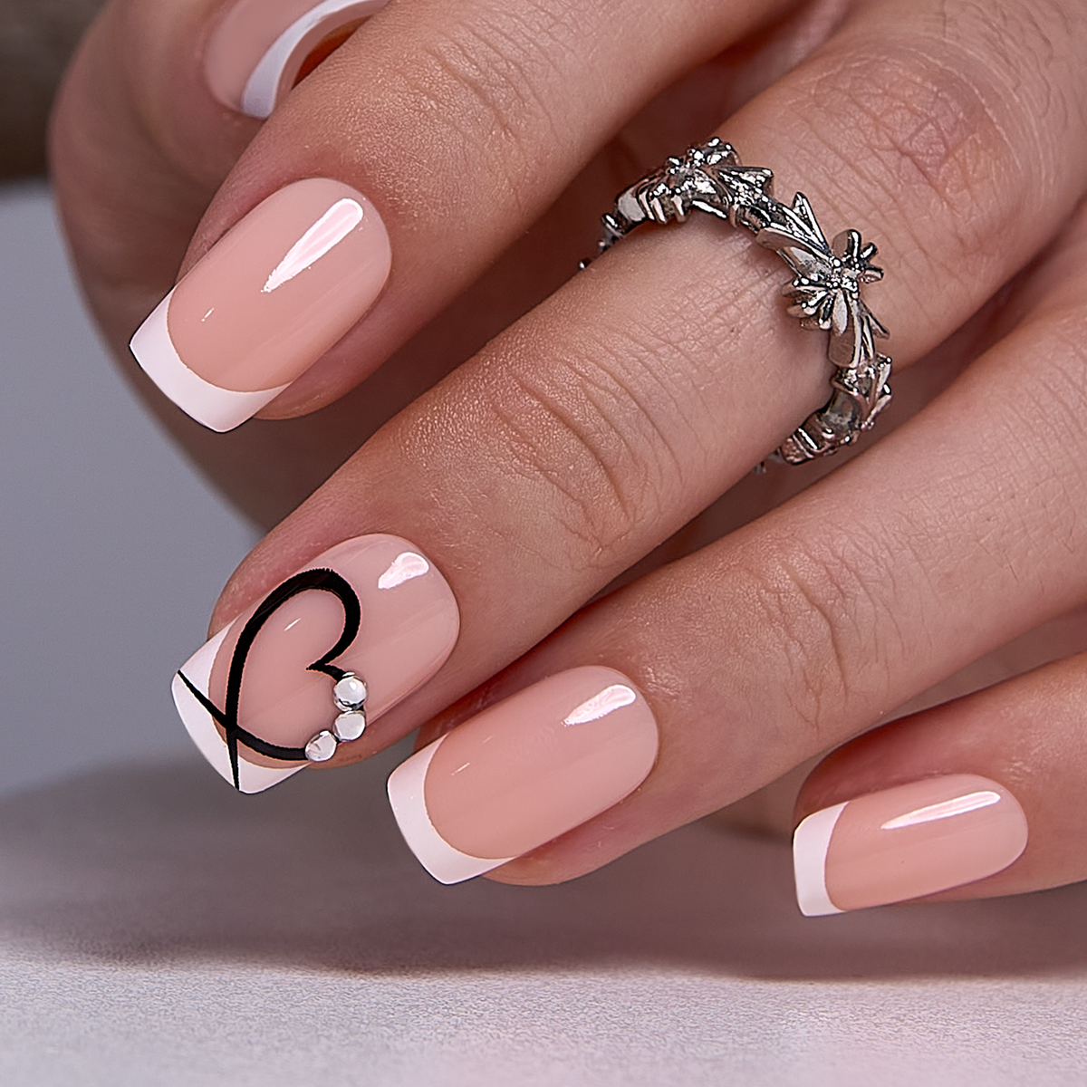 Simple Light Press-On Nails – Medium Squoval Nude Base White French Tips Black Heart Line Art Silver Rhinestones