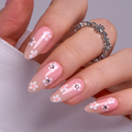 Soft Daisy Press-On Nails – Long Almond Blush Pink Base White Daisy Flowers Rhinestone Centers Nail Art