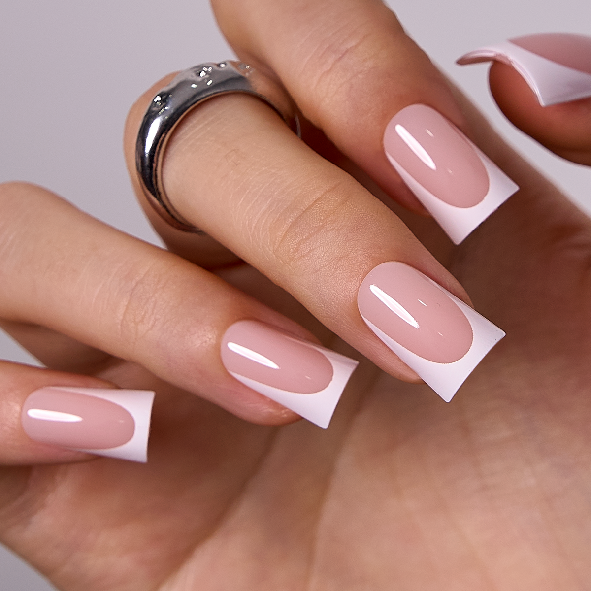 Soft Ivory Tips Press-On Nails – Medium Duckbill Nude Pink Base Classic White French Tips Timeless Elegant