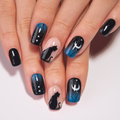 Starry Cat Dream Press-On Nails – Medium Squoval Black Starry Sky Blue Ombre Cat Silhouette Crescent Moon Art
