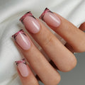 Sweet Wild Press-On Nails – Medium Duckbill Nude Base Pink Glitter French Tips Black Swirl Line Art